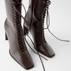 Zara Lace-Up Leather Heel Ankle Boot - RARE